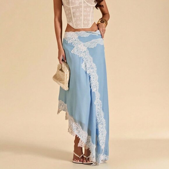 Dresses & Skirts - Baby Blue Elegant Women's Lace Trim Asymmetric Hem Split Chiffon Skirt